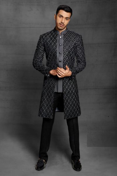 Black Imported Embroidered Indowestern (NMK-5467 )