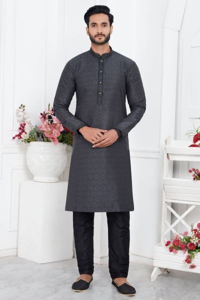 Black Jaquard Silk Brocade Kurta for Men (NMK-7749)