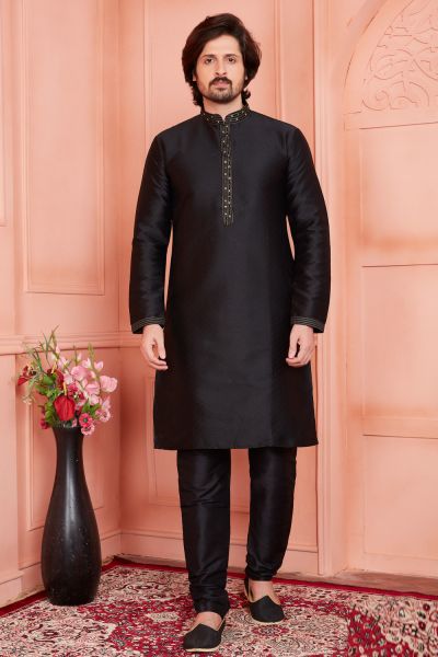 Black Jaquard Silk Brocade Mens Casual Kurta (NMK-8162)