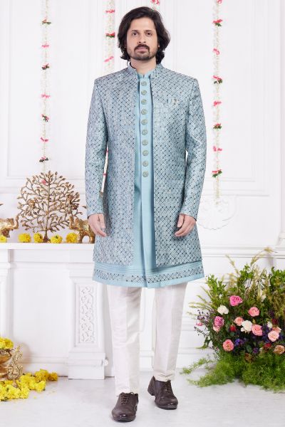 Blue Art Silk 3 piece Mens Jacket Set (NMK-8406)