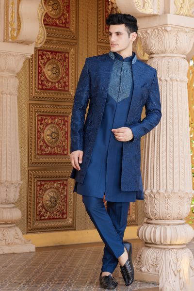 Blue Art Silk Mens Indo Western (NMK-8208)