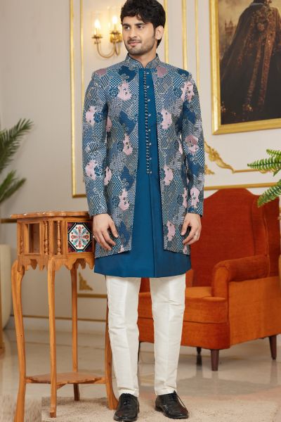 Blue Art Silk Mens Indo Western (NMK-8269)