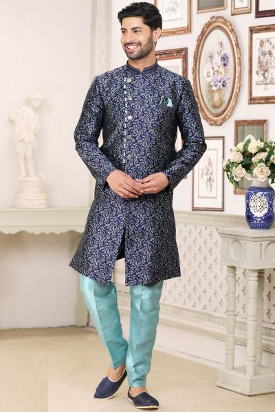 Blue Banarasi Jaquard Indo Western for Men (NMK-6893)