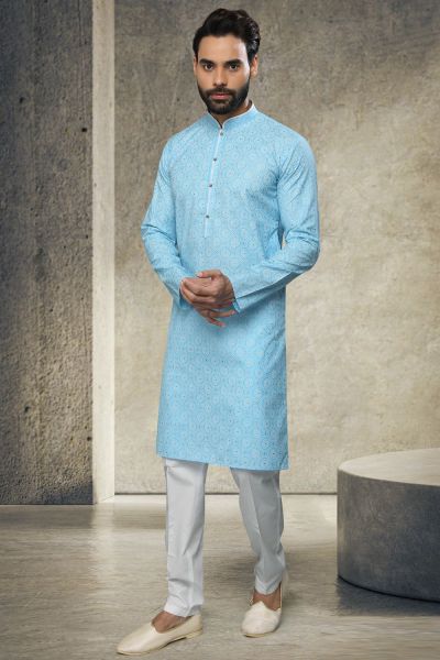 Blue Cotton Kurta Pyjama for Men (NMK-6149)