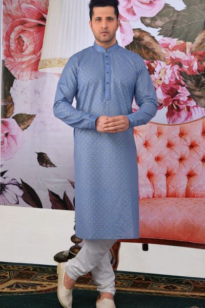 Blue Fancy Cotton Mens Kurta Pajama(NMK-4606)