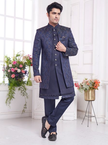 Blue Imported Jaquard Silk 2 Pcs Jacket Set (NMK-8338)
