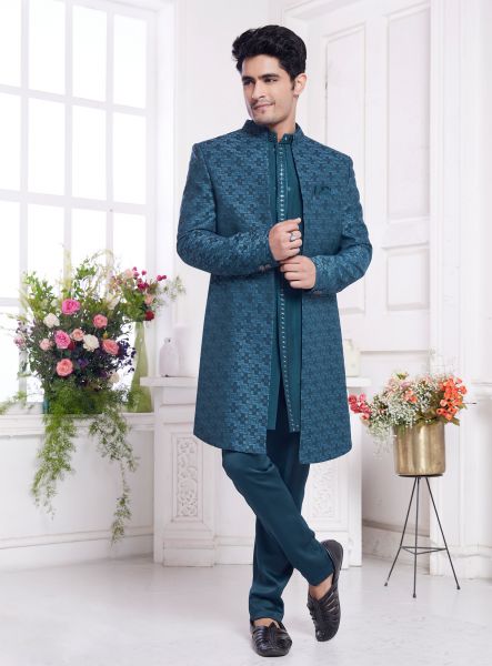 Blue Imported Jaquard Silk Mens 3 Pcs Jacket Set (NMK-8335)