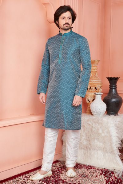 Blue Jaquard Mens Kurta Pajama (NMK-8176)