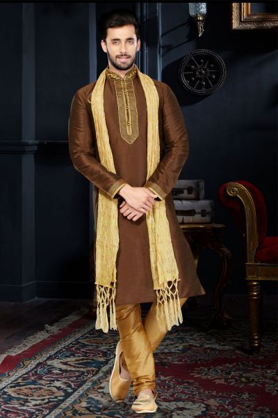 Coffee Brown Art Dupion Mens Kurta (NMK-3437)