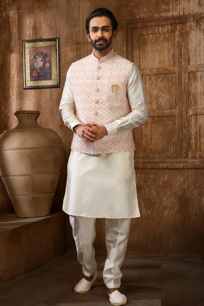 Cream Art Banarasi Silk Nehru Jacket (NMK-6369)