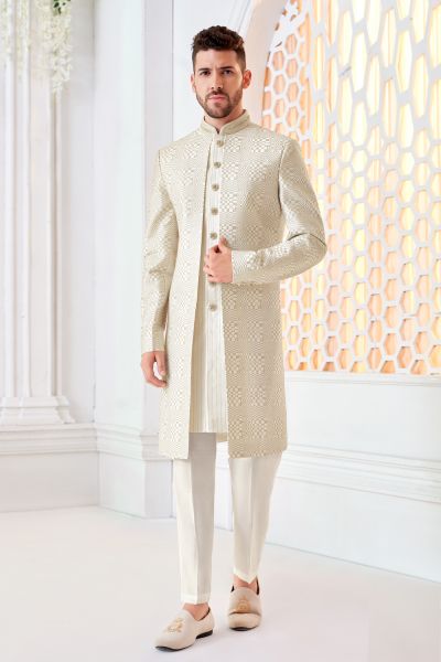 Cream Art Embroidered Silk Mens Indo Western (NMK-8536)