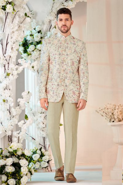 Cream Art Embroidered Velvet Bandhgala (NMK-8543)