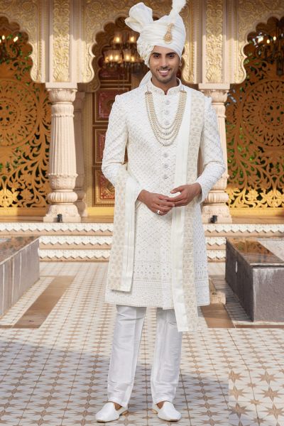Cream Art Silk Mens Sherwani (NMK-8179)