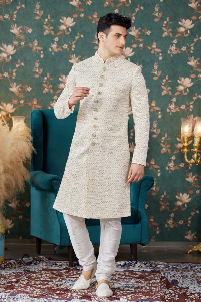 Cream Art Silk Mens Sherwani (NMK-8239)