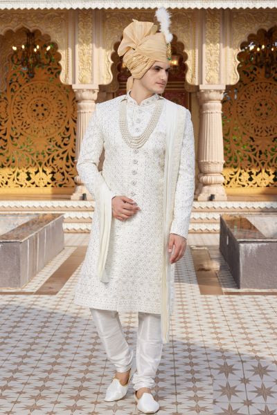 Cream Art Silk Sherwani for Men (NMK-8180)