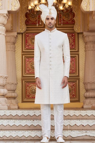 Cream Art Silk Wedding Sherwani (NMK-8186)