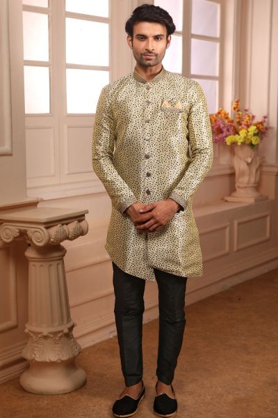 Cream, Blue Jaquard Silk Brocade Indo Western (NMK-4466)