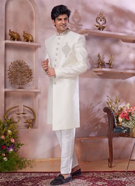 Cream Jaquard Banarasi Silk Sherwani (NMK-8305)
