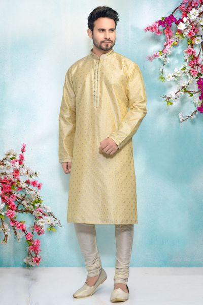 Cream Jaquard Silk Brocade Kurta Pajama (NMK-4881)