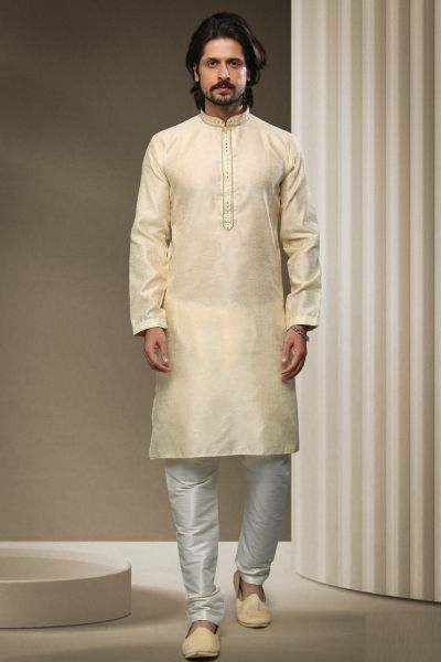 Cream Jaquard Silk Brocade Kurta Pajama (NMK-5940)