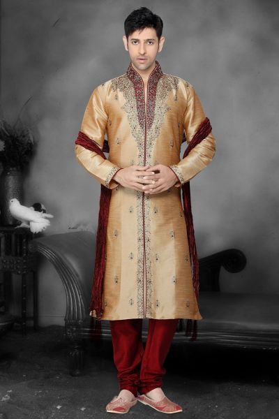 Dark Gold Art Dupion Designer Kurta Pajama (NMK-2180)