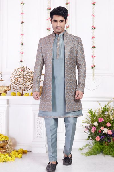 Dark Greyish Blue Art Silk 3 piece Jacket Set (NMK-8403)