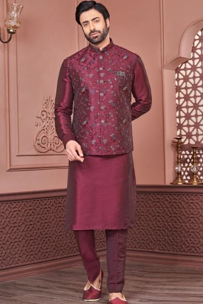 Dark Maroon Art Banarasi Silk Nehru Jacket (NMK-7420)