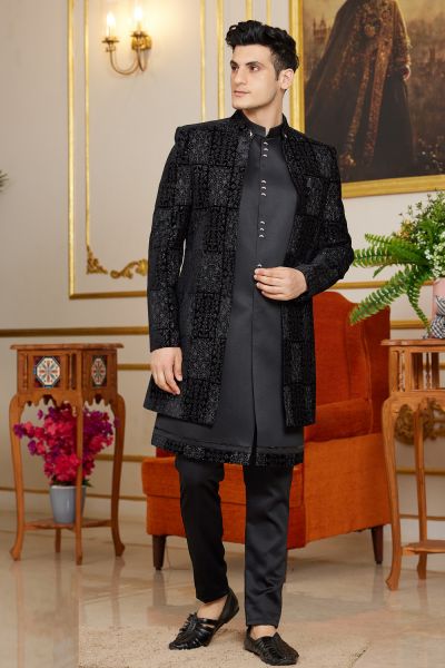 Embroidered Black Art Silk Indo Western (NMK-8275)