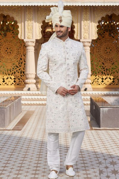 Embroidered Cream Art Silk Sherwani (NMK-8183)