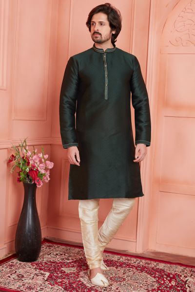 Green Jaquard Silk Brocade Mens Kurta Pajama (NMK-8161)