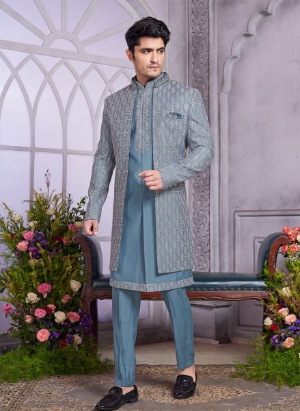 Grey Art Silk 3 Pcs Jacket Set (NMK-8327)
