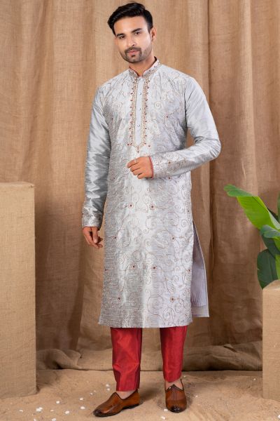 Grey Art Silk Kurta Pajama (NMK-8507)