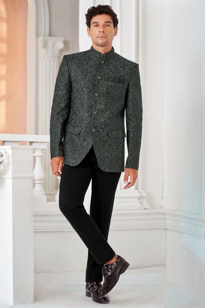Grey, Black Art Embroidered Silk Bandhgala (NMK-8544)