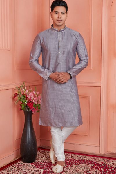 Grey Jaquard Silk Brocade Kurta Pajama (NMK-8147)