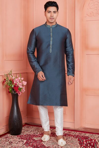 Grey Jaquard Silk Brocade Mens Kurta Pajama (NMK-8157)