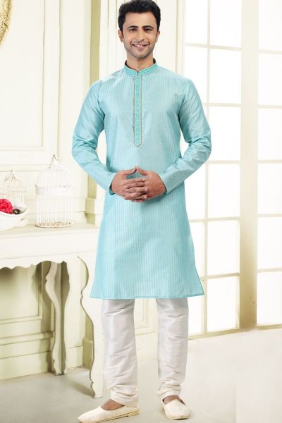 Jaquard Art Silk Sky Blue Mens Kurta (NMK-6619)