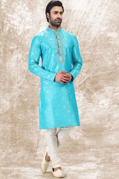 Jaquard Silk Brocade Blue Mens Kurta (NMK-6597)