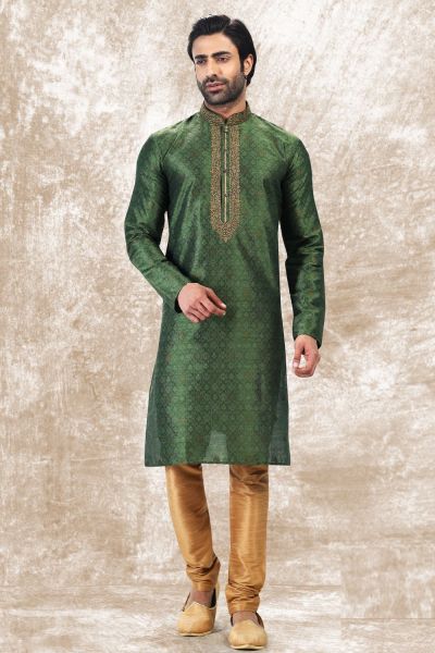 Jaquard Silk Brocade Kurta Pajama in Green (NMK-6599)