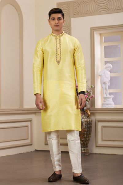 Lemon Banarasi Art Silk Kurta Pajama (NMK-8471)