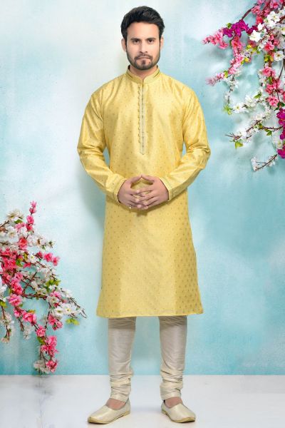 Lemon Yellow Jaquard Silk Brocade Kurta Pajama (NMK-4882)