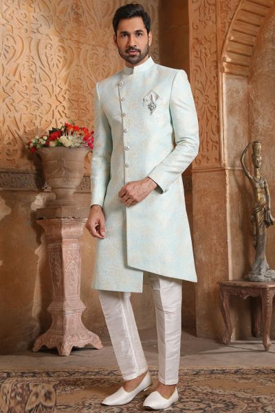Light Pista Green Jaquard Indowestern (NMK-5147)