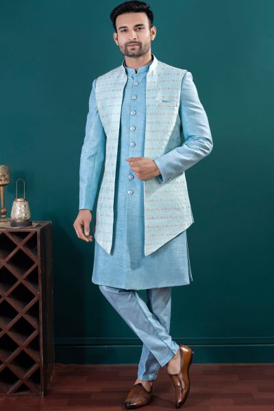 Light Sky Blue Tussar Silk kurta with jacket (NMK-8443)