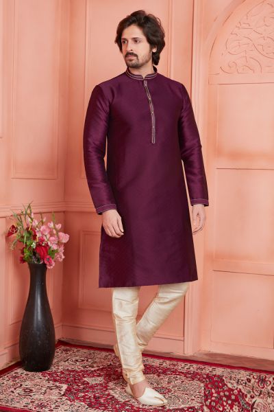 Magenta Jaquard Silk Brocade Mens Kurta (NMK-8159)