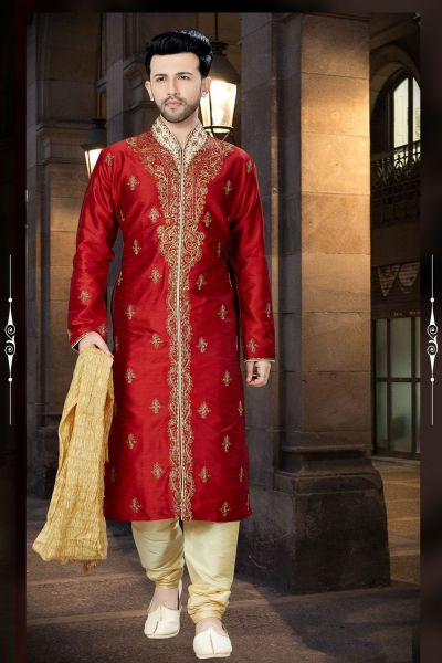 Maroon Art Dupion Designer Kurta Pajama (NMK-3794)
