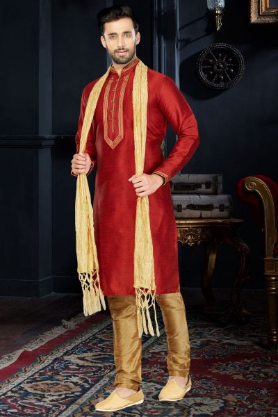 Maroon Art Dupion Kurta Pajama (NMK-3408)