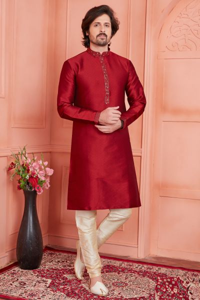 Maroon Jaquard Silk Brocade Kurta Pajama (NMK-8158)