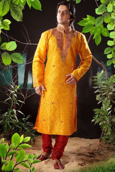 Mustard Art Dupion Designer Kurta Pajama (NMK-1167)