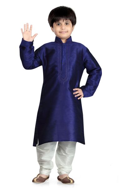 Navy Blue Art Dupion Kids Kurta (NKK-490)