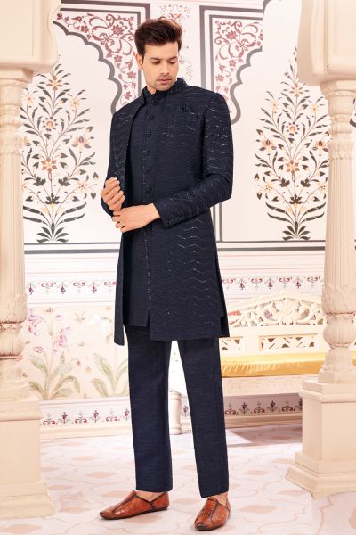 Navy Blue Art Embroidered Silk Indo Western (NMK-8537)