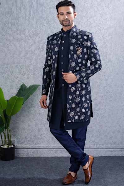 Navy Blue Art Silk Mens kurta with jacket (NMK-8456)